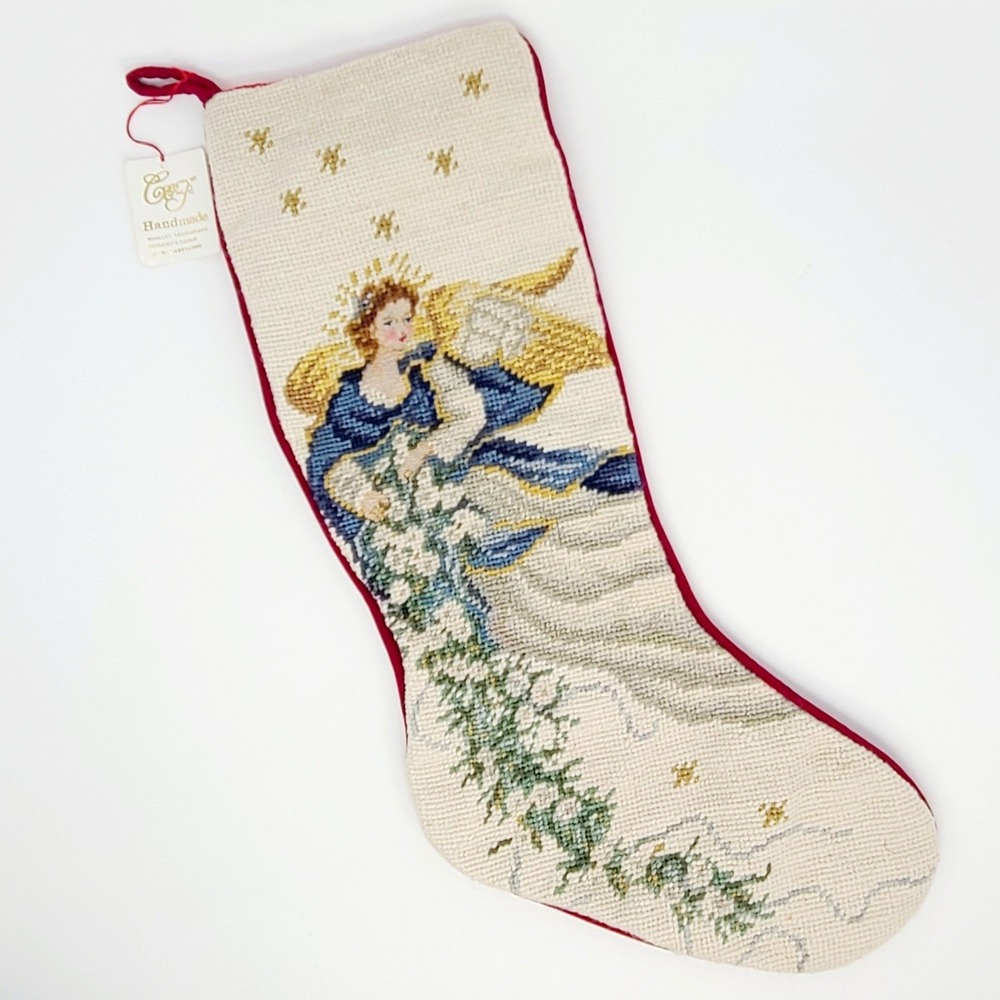 Embroidered Christmas Stocking Angel Wool Needlepoint Red Velvet 19" NWT